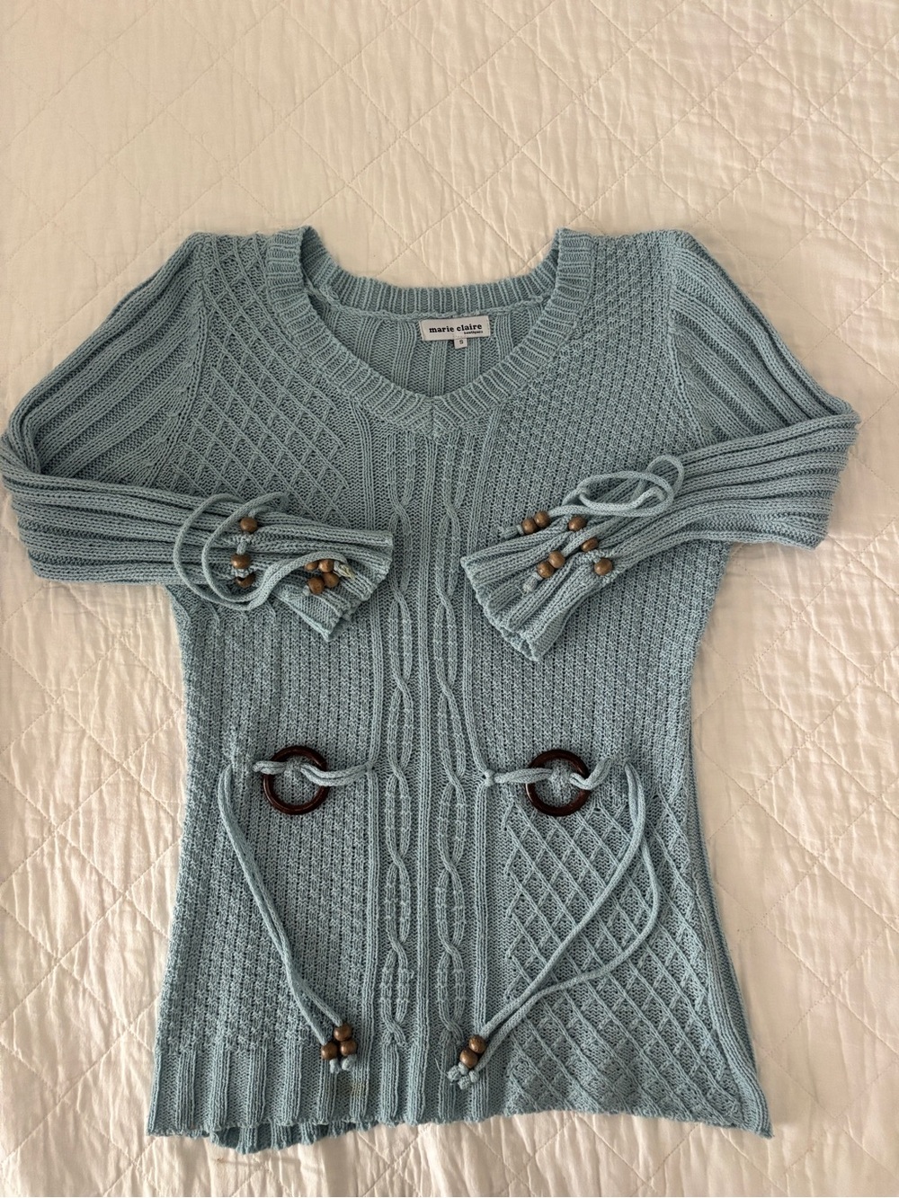Marie Claire Light Blue V-Neck Cable Knit Sweater with Tie Accents